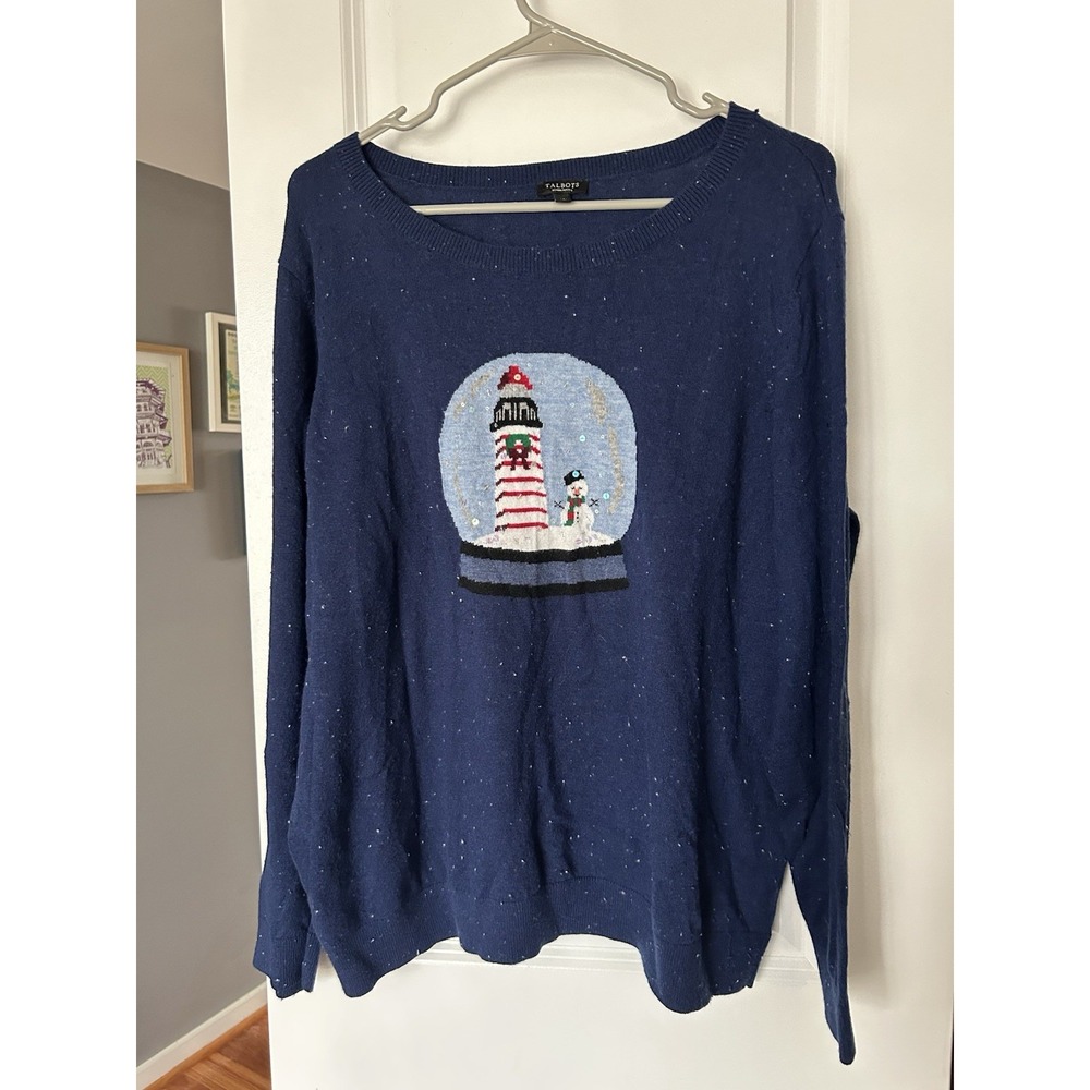 Talbots Crewneck Holiday Sweater Snow Globe Snowman Lambswool Blue Sz 2X Petite
